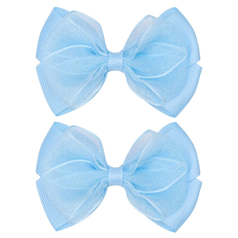 Zolyco Tiny 3 Inch Organza Double Hair Bow Clips - Lined Boutique Alligator Hairpin for Baby Girls, Toddlers, and Little Teens - Kids Barrettes Set of 2 Small Stylish (Light Blue) - Image 1